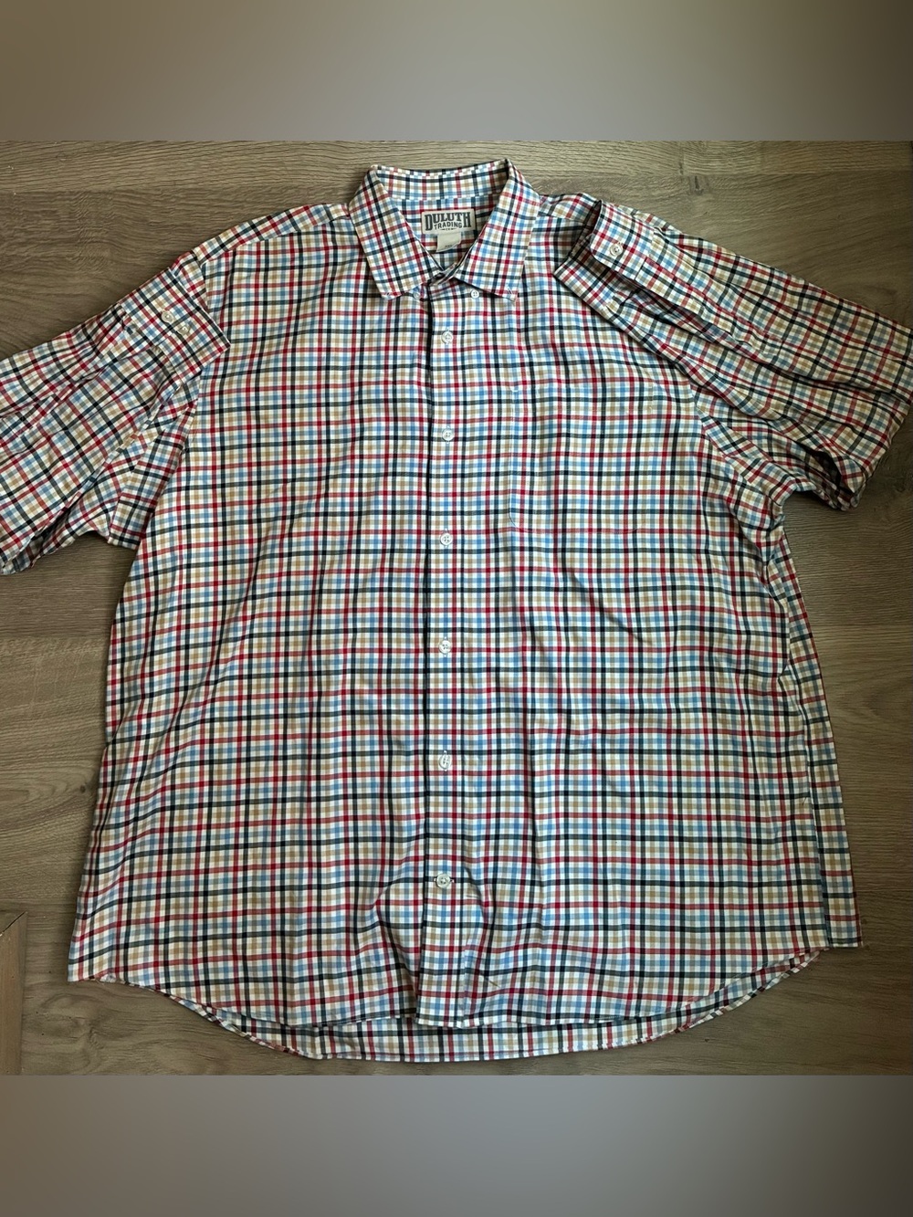 Duluth Trading Mens 2XL Red Blue White Black Plaid Button-Down Long-Sleeve Shirt